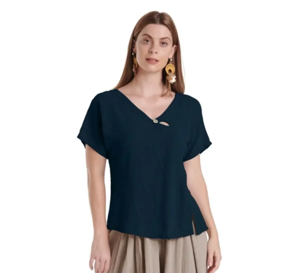 Oh My Gauze Mike Cotton Gauze Blouse Navy Blue Small/Medium